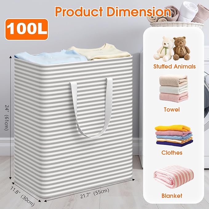 3 Pack Large Laundry Basket,Waterproof & Freestanding Laundry Hamper,Collapsible Clothes Hampers with Easy Carry Long & Reinforced Handles in Bathroom,College Dorm(100Lx3,Gray)