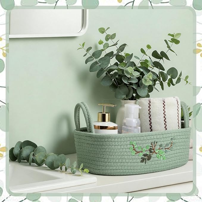 Vesici Eucalyptus Toilet Paper Basket Green Leaves Woven Cotton Rope Basket for Toilet Tank Top Botanical Bathroom Countertop Organizer for Bedroom Nursery Organizing, 13 x 6 x 4 Inch