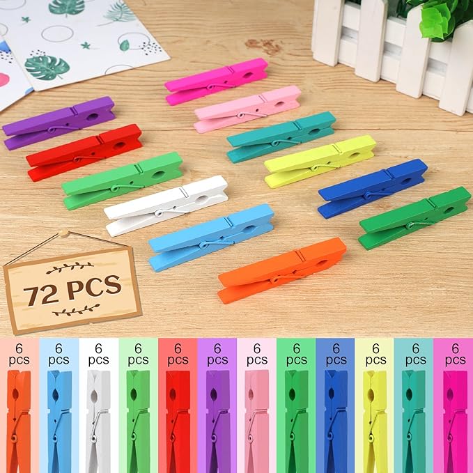 Phinus 72 Pcs Colorful Wooden Clothes Pins, 2.9 Inch 12 Colors Clothes Pins for Hanging Clothes, Pictures, Photos, Classroom, Crafts, Decoration, Colorful Clothespins Heavy Duty