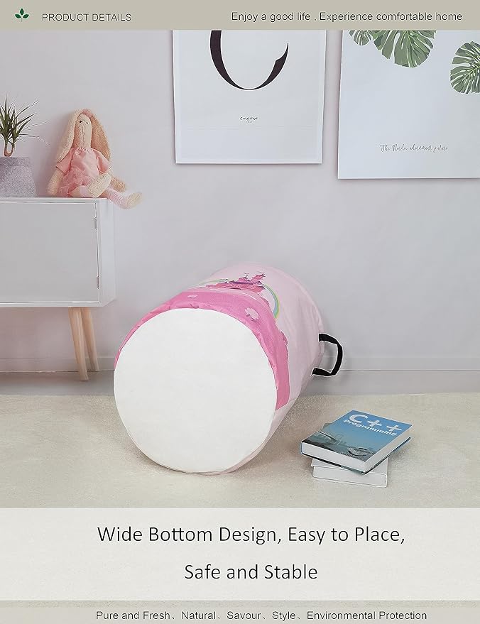 Laundry Hamper, Round Waterproof Storage Basket with Handle, Foldable, Pink Castle, 19.7in(H) x 15.7in(D), for Children's Room and Toy Storage