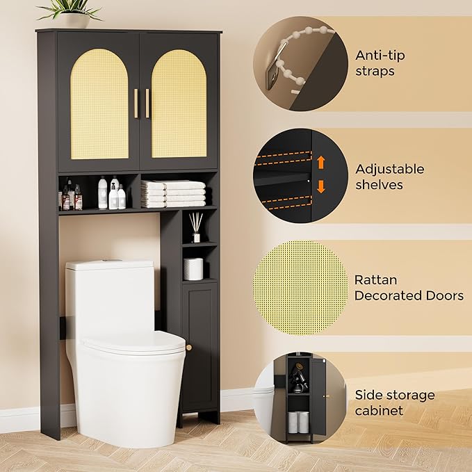 Homhedy 67" H Over The Toilet Storage Cabinet, Boho Bathroom Organizer with Rattan Decorated Doors, Adjustable Shelves, Toilet Paper Holder, Space-Saving Bathroom Shelf, Natural and Black