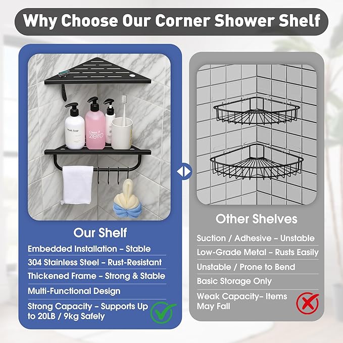 Corner Shower Shelf, 10'' Shower Corner Shelf with Towel Bar & Hooks, 304 Stainless Steel Recessed Bathroom Shelves, No Drilling for Tiled Wall, 2-Pack (Matte Black)