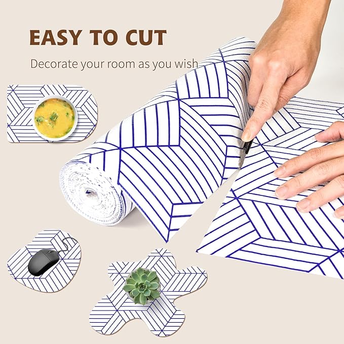 Shelf Liners for Kitchen Cabinets 17.3in x 20FT, Non Adhesive Cabinet Liner Strong Non-Slip White and Blue Geometric Drawer Liner, Easy to Clean for Shelf, Cabinet with Knife and Tape Measure