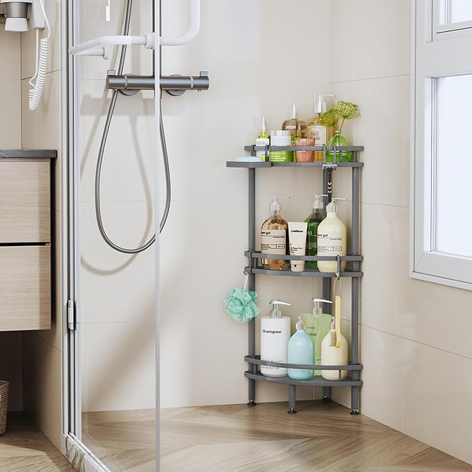 HapiRm apiRm Standing Corner Shower Caddy - 3 Tier Shower Organizer Corner with Soap Holder and 4 Hooks, Rustproof Bathroom Storage Shelves with Adhesives, Grey