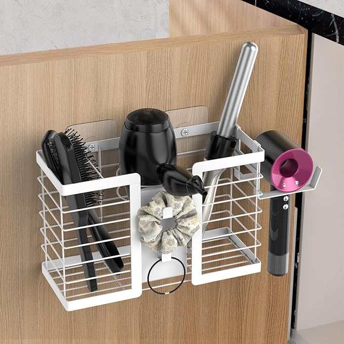 FUNKYLEE Hair Tool Organizer, 3 in 1 Metal Bathroom Blow Dryer Organizer Wall Mount for Flat Iron, Curling Iron, Straightener, Hair Care & Styling Tools Storage and Organizer (White)-2pcs