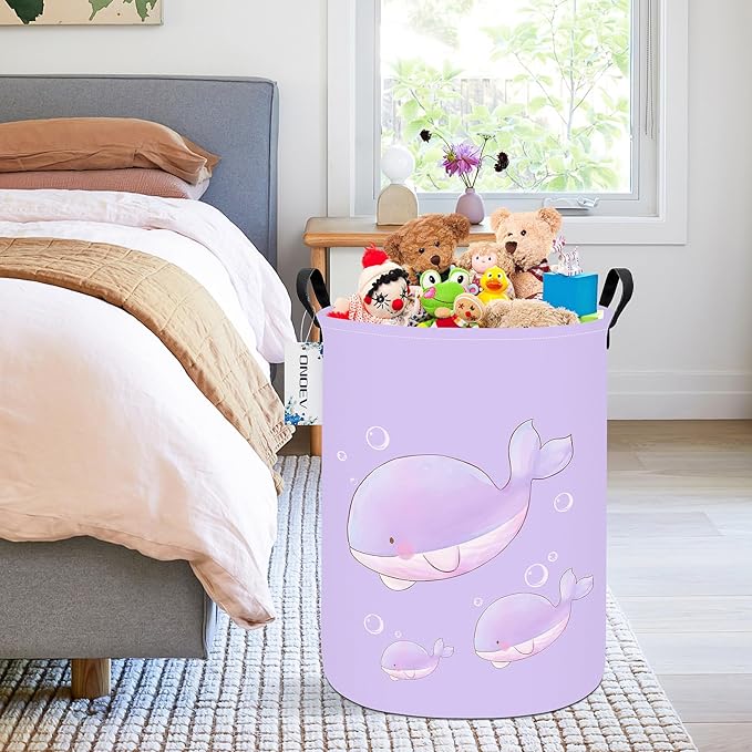 Round Foldable Girls' Storage Basket Kids Laundry Hamper Purple Gift Basket Suitable For Home Decoration and Toy Storage(Purple Whale)