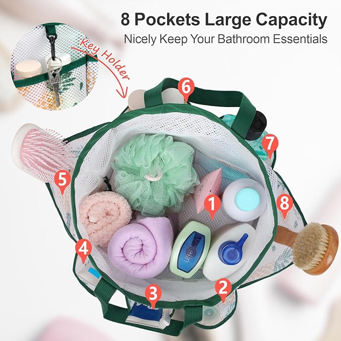 F-color Mesh Shower Caddy Portable with Drawstring - Large 8 Pockets Dorm Room Essentials for Guys Girls with S Hook, Shower Bag Basket Tote for College Camping Gym Travel Bathroom, Green Pineapple