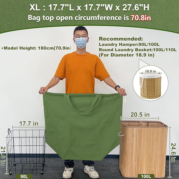 Canvas Laundry Bags with Handles & Square Base 18"Lx18"Wx27.6"H, Extra Large Heavy Duty Laundry Basket Hamper Liner, Washable Drawstring Dirty Clothes Bag Canvas Storage Sack (Army Green XL)