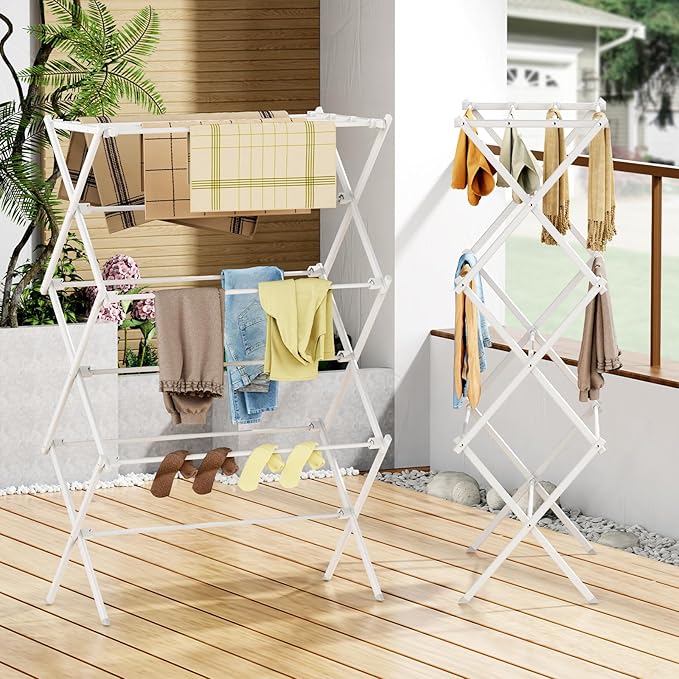 Drying Rack Clothing, 3-Tier Clothes Drying Rack Foldable, Antirust Laundry Drying Rack Collapsible Use for Indoor & Outdoor, 11.8" D x 34.6" W x 35.4" H, White