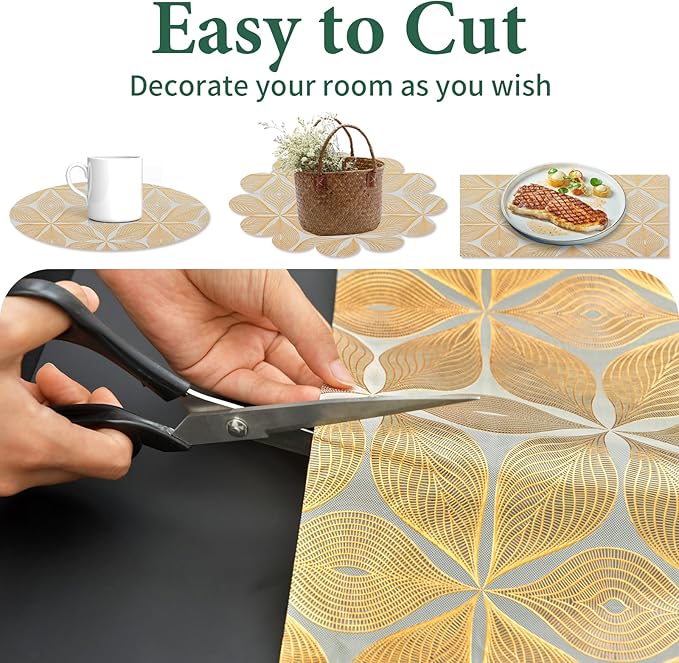 Drawer and Shelf Liner for Kitchen Cabinet: 23.6 in X 20 Ft Waterproof Shelf Paper Non Adhesive Refrigerator Liners Golden Leaf Easy Liners for Bathroom with Knife Tape Measure
