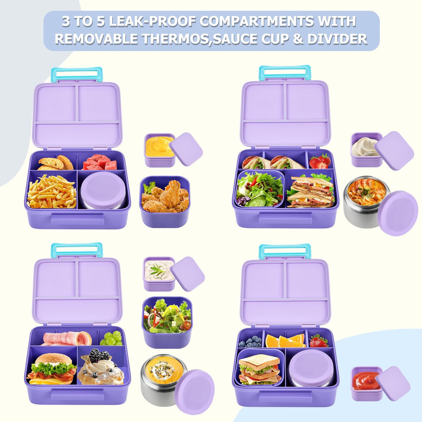 Bento Lunch Box for Kids with 8oz Soup Thermo, Leak-proof Lunch Food Containers with 5 Compartment, Insulated Lunch Bag & 17oz Stainless Steel Water Bottle for School, Trvael