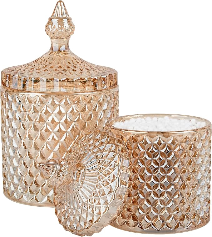 2 Pack Qtip Holder Glass Apothecary Jars with Lid for Bathroom Canisters Dispenser Decor Storage Organizer for Cotton Swabs, Balls, Pads, Floss Picks, Candy, Amber