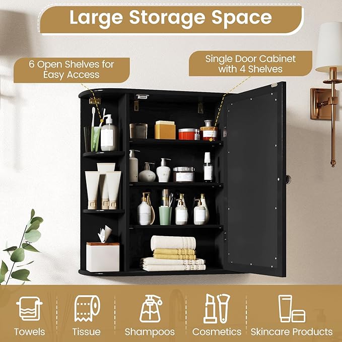 Tangkula Bathroom Medicine Cabinet with Mirror, Modern Wall Mounted Space-Saving Storage Organizer with Mirrored Door, 4 Internal Shelves & 6 Open Side Shelves, Bathroom Wall Cabinet (Black)
