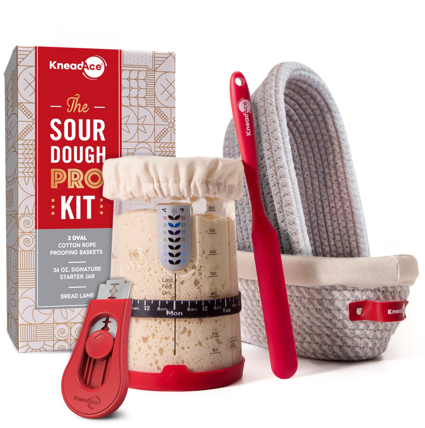 KneadAce Sourdough Starter Kit – 24oz Starter Jar, 2 Cotton Rope Banneton Proofing Baskets, Magnetic Bread Lame for Scoring – Gift for Bakers & Complete Sourdough Bread Baking Set