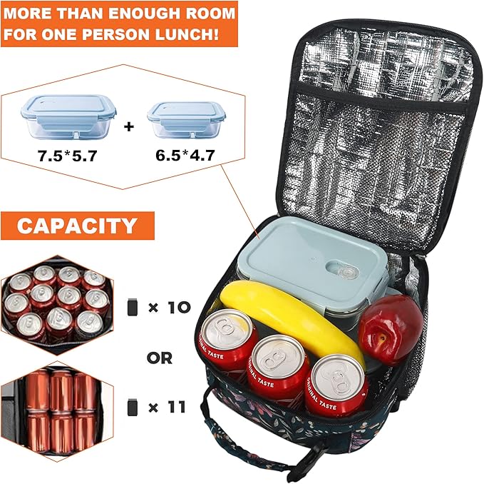 Femuar Lunch Box for Men Women Adults Small Lunch Bag for Office Work Picnic - Reusable Portable Lunchbox, Malachite Green Flower