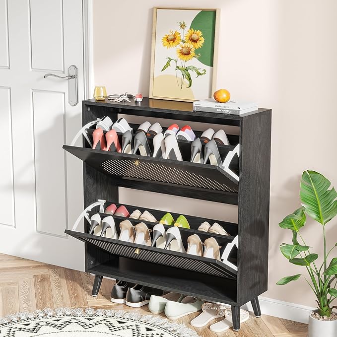 Shoe Storage Cabinet for Entryway with 2 Flip Drawers, Narrow Wood Shoe Cabinet with Fluted Panel, Freestanding Hidden Shoe Organizer for Foyer, Hallway (Black - with Shelf)