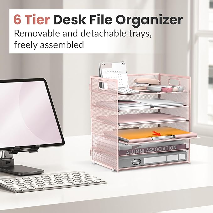 Daltack 6 Tier Paper Organizer for Desk, Paper Letter Tray Organizer for Desks, Mesh Desk File Organizers with Handle for Office, Home, School, Pink