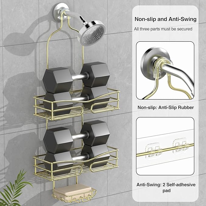 Over the Shower Head Caddy - 3 Tier Shower Caddy Hanging, Gold Bathroom Organizer with Soap Holder & Hooks