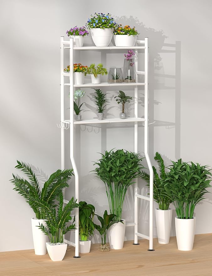 3-Tier Over The Toilet Storage, Freestanding Metal Bathroom Shelves with 4 Hooks, Over Toilet Storage Shelf with Paper Holder, Above The Toilet Shelf for Bathroom Storage, White