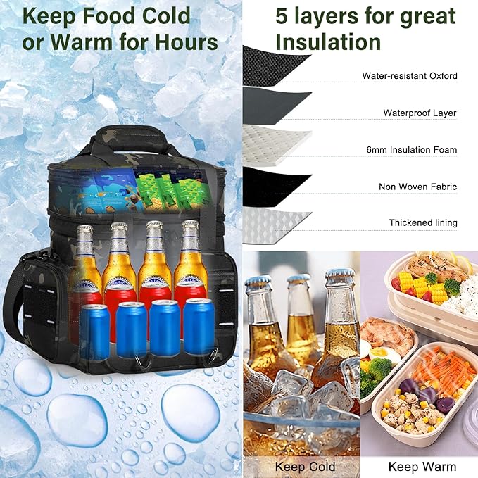 Expandable Tactical Lunch Box, XLarge Insulated Lunch Cooler Bag Heavy Duty Leakproof Lunch Pail for Men Adults Work Office Outdoor Picnic Trips,25L,Black-Camo
