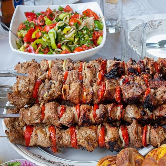 Hakka Stainless Steel Barbecue Skewers, 23.6" Shish Kabob Skewers Heavy Duty 1.5mm Metal Skewers for Grilling Large Wide 9.87mm Reusable Kabob Sticks with NonSlip Ring Handle,Set of 10