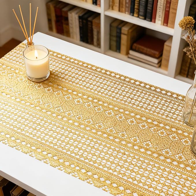 Drawer and Shelf Liner - Gold Geometric Lace Pattern,Non Adhesive Non Slip Waterproof Easy-Clean Shelf Liner for Kitchen Cabinet, Refrigerator, Bathroom, Pantry Storage Drawers, 12 in x 20 Ft