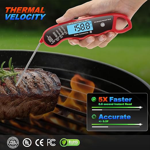 0.6S Instant Read Digital Meat Thermometer Pen for Outdoor BBQ, Grilling, Smoking, Oven Baking, Oil, Candy with Factory-Calibrated Waterproof Magnetic Backlit Flip Display, Motion Sensor.