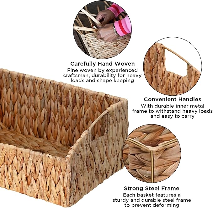 Ollieroo Rattan Storage Baskets, Handwoven Wicker Storage Bins with Built-in Handles, Storage Container Baskets for Shelves, Bedroom, Bathroom, Laundry Room or Kitchen(Natural)