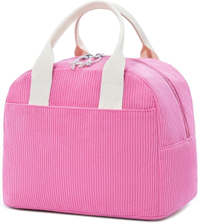 Insulated Vintage Pink Lunch Bag for Women, Stylish Corduroy Tote with Aluminum Lining, Large Capacity Reusable Cooler for Work, Travel, or Beach, Beige Cream Water-Resistant Lunch Box