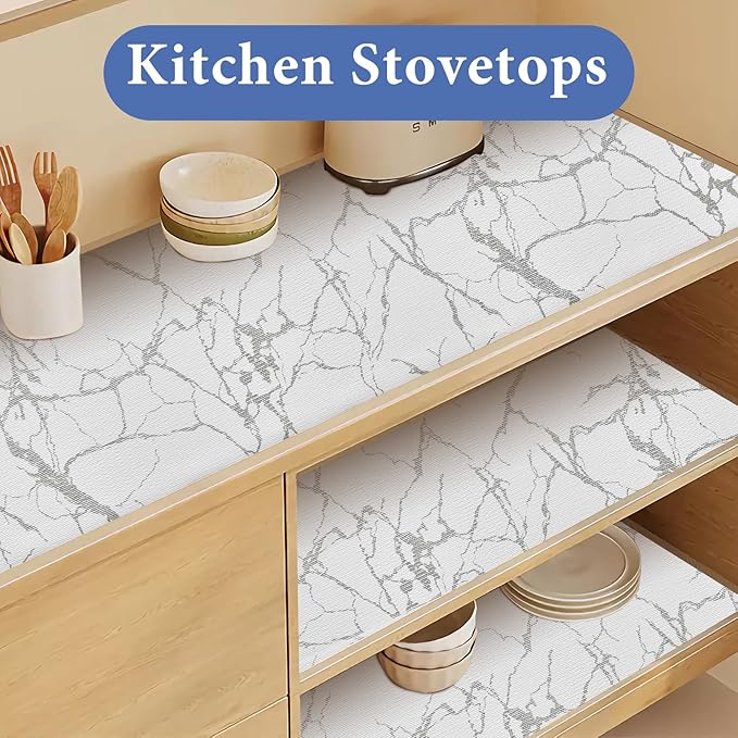 Drawer and Shelf Liner for Kitchen Cabinet: 12 in X 20 Ft Non Slip Waterproof Shelf Paper Non Adhesive Refrigerator Liners Silver Marble Easy Liners for Bathroom with Knife Tape Measure