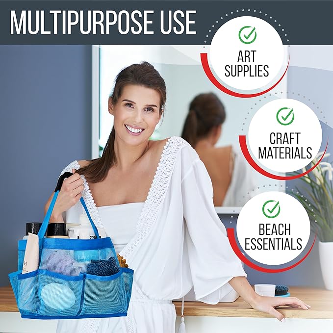 Masirs Shower Caddy Mesh - 9 Pocket Portable Bathroom Organizer Tote for Travel, Gym & Dorm - Collapsible Small Shower Caddy Bag to Hold Toiletries & Essentials (Blue)