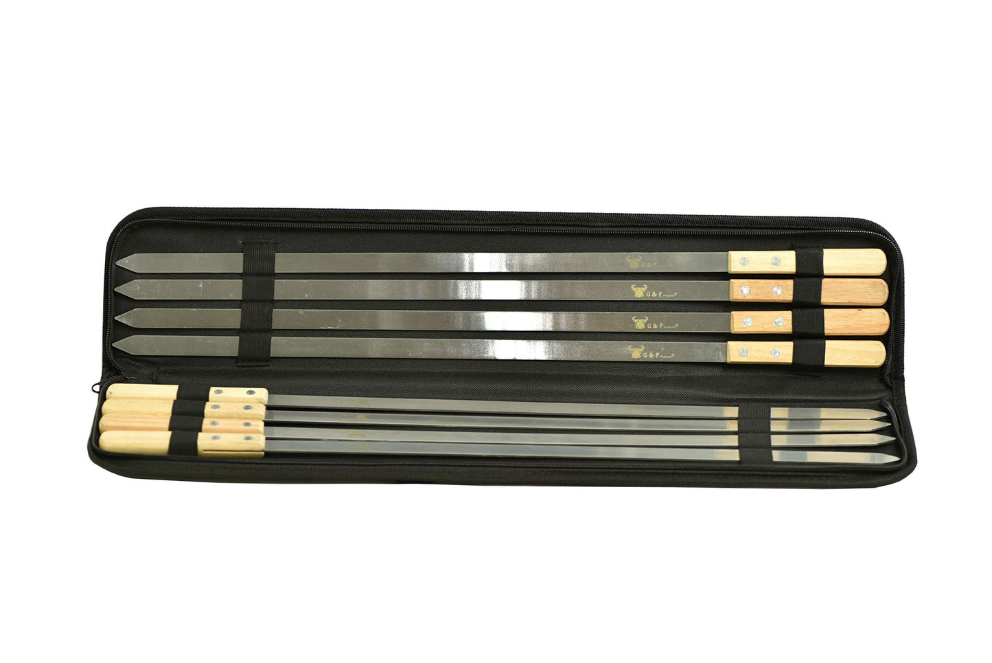 G & F Products BBQ Skewers, 23" Flat Stainless Steel Metal Kabob Skewers with Wooden Handles, Reusable 8-Piece Set with Storage Bag for Grilling Meat, Vegetable & Shish Kebab