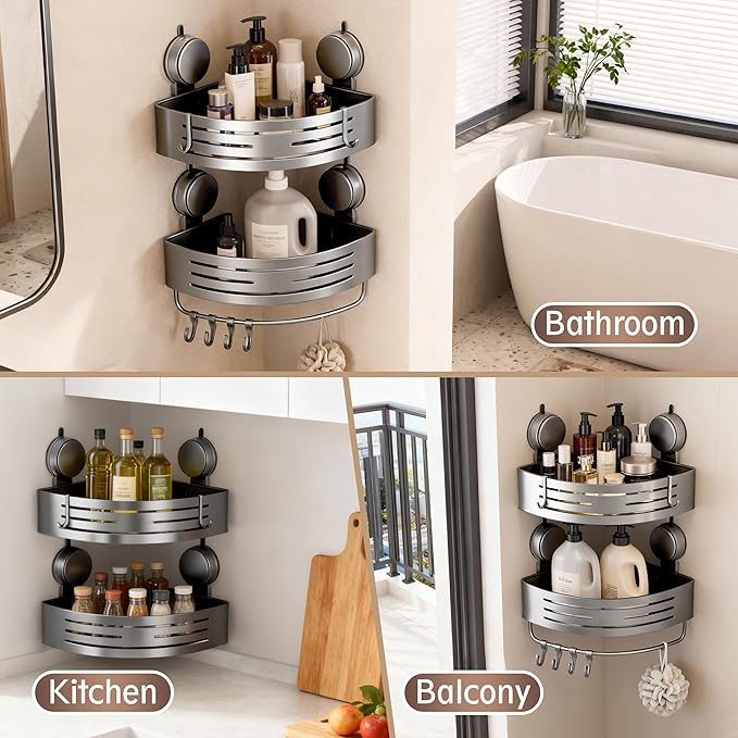 Corner Suction Cup Shower Caddy(2-Pack Gray),No-Drilling Aluminum Shower Shelf with Towel Bar & Hooks,Removable Bathroom and Kitchen Storage Organizer.