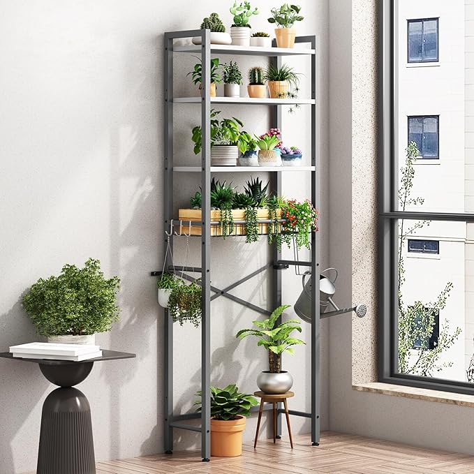 Over-The-Toilet Storage Rack, 4-Tier Bathroom Organizer Shelf Over Toilet with Adjustable Shelf and Basket, Freestanding Space Saver Bathroom Shelves Above Toilet for Room (Gray- White)
