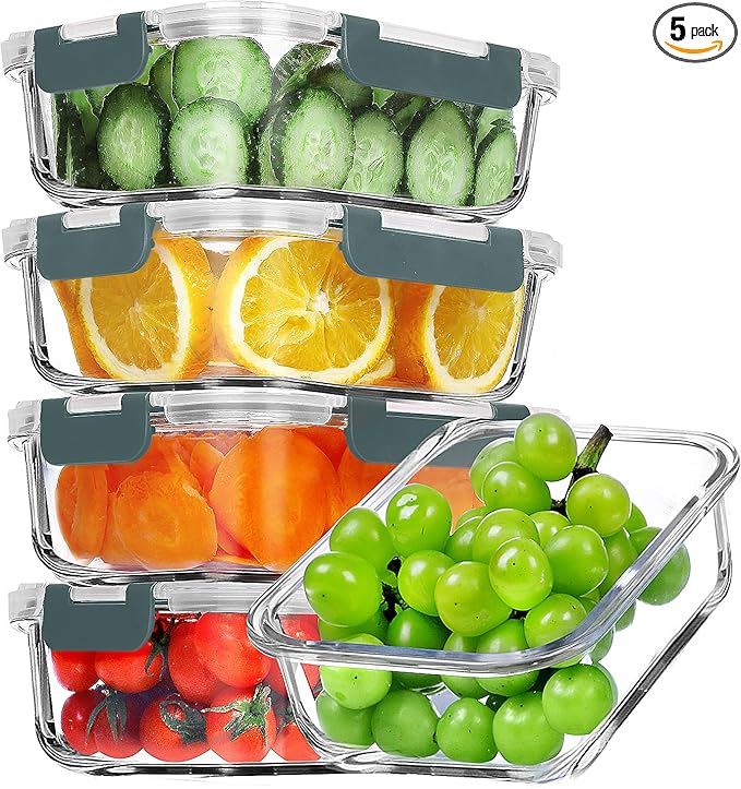 VERONES 5 PACK 36 OZ Glass Meal Prep Containers Set with Lids, Green