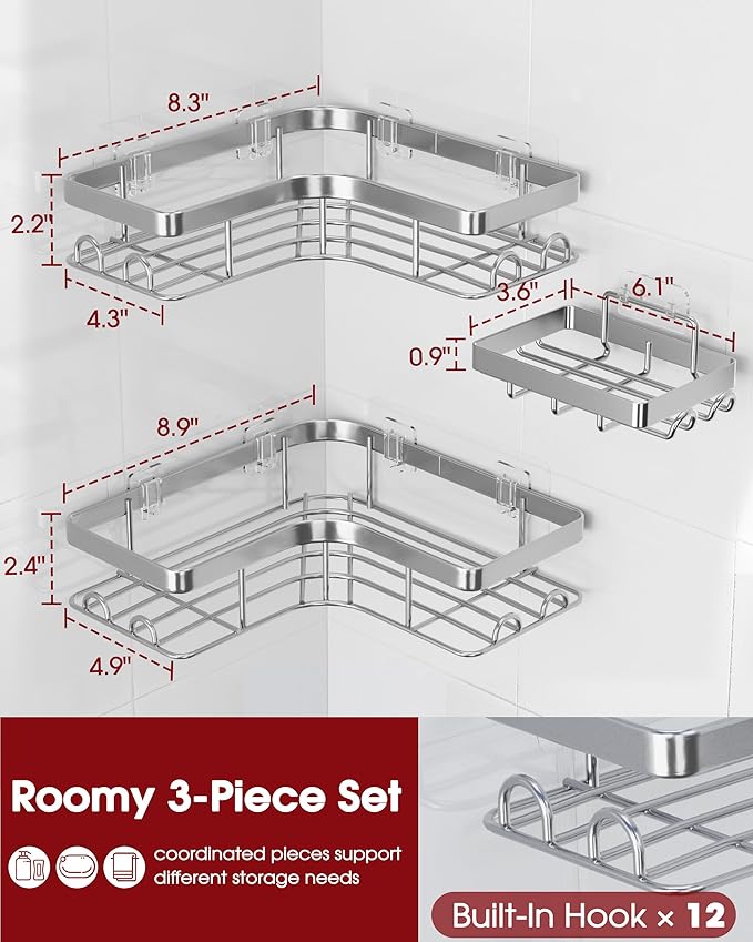 Corner Shower Caddy - 3-Pack Shower Organizer with Soap Holder & Built-In Hooks, Rustproof Metal Shower Shelves, Laundry, Kitchen, Bathroom Organizers and Storage Solution, Large, Silver