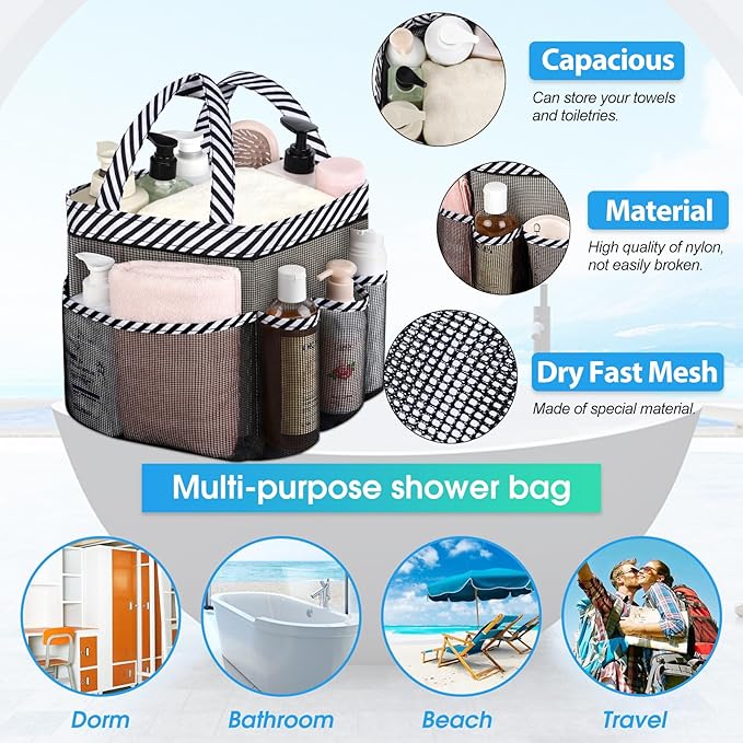 Attmu Mesh Shower Caddy Portable for College Dorm Room Essentials with 8 Pockets, Hanging Shower Caddy Dorm Basket, Quick Dry Shower Bag for Bathroom
