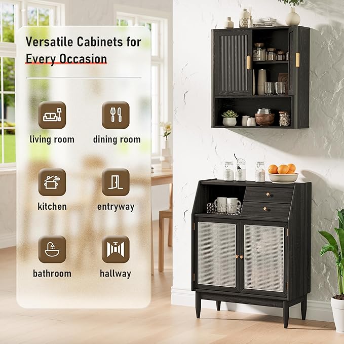 Bathroom Wall Cabinet, Wall-Mounted Medicine Cabinet with Adjustable Wood Shelf & Doors, Floating Bathroom Cabinet Over Toilet for Laundry Room & Kitchen & Living Room (Black)