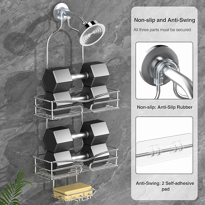 Over the Shower Head Caddy - 2-Tier Shower Caddy Hanging with 2 Movable Soap Holder, Stainless Steel Hanging Bath Organizer with High Guardrail for Bathroom, Silver