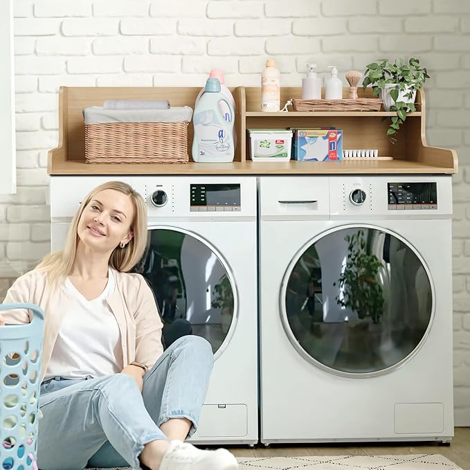 DTK Washer Dryer Wood Countertop with Shelf, Laundry Topper with Non-Slip Mat,27.55" Depth x 54" Width Dryer Covers for The Top with Edge Rails (Light Walnut)