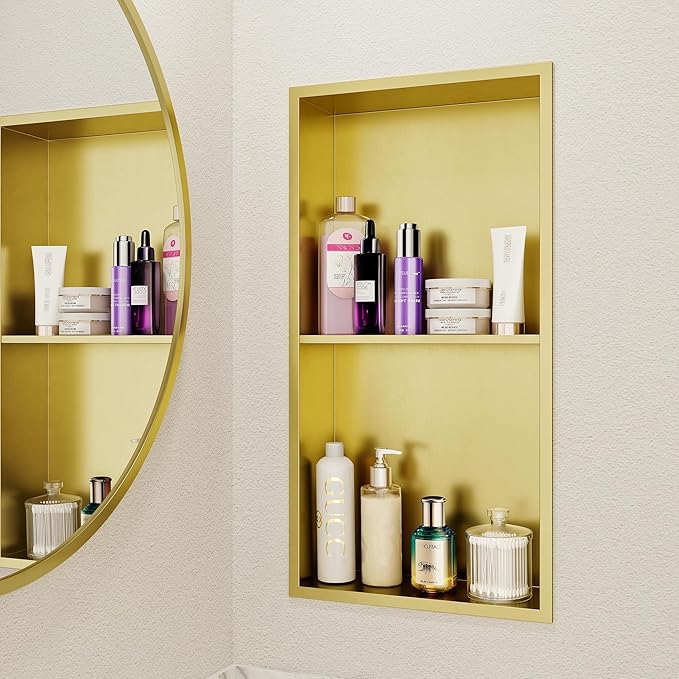 Neodrain Shower Niche Double Shelf Stainless Steel No Tile Needed Bathroom Niches Recessed in Wall, 2-Tier Recessed Wall Niche Waterproof Cubby(12X24Inch Golden)