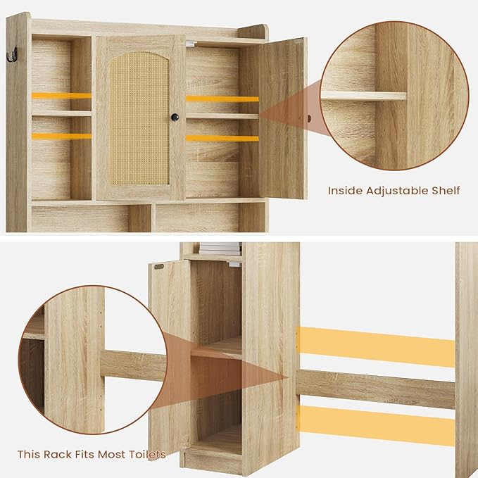 Itaar Over The Toilet Storage Cabinet, Farmhouse Rattan Bathroom Cabinet, Over Toilet Bathroom Organizer with Rattan Barn Doors & Toilet Paper Holder Stand, for Restroom, Laundry
