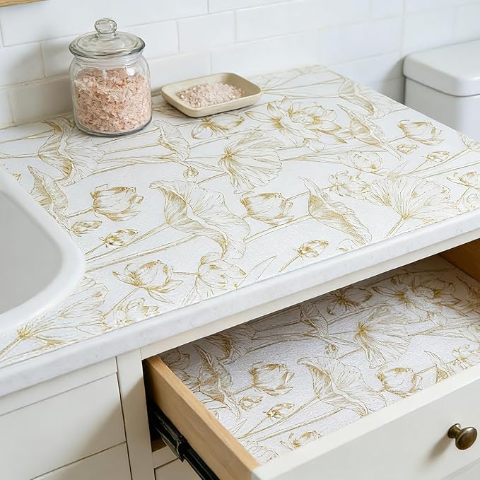 Shelf Liners Non Adhesive Light Base Gold Lotus Pattern - Thickened Non-Slip Easy to Clean Drawer Liner for Kitchen Cabinets, Tool Box, Refrigerator, with Knife & Tape Measure, 12in x 20FT