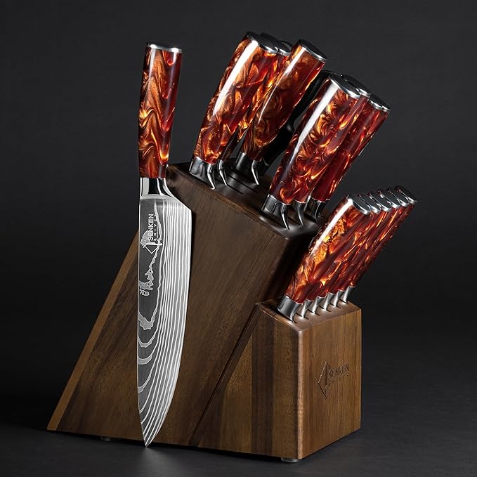 SENKEN 16-Piece Knife Block Set - Japanese High Carbon Stainless Steel with Damascus Pattern, Dark Wood Handles, 6 Steak Knives & Acacia Hardwood Block (Brown)