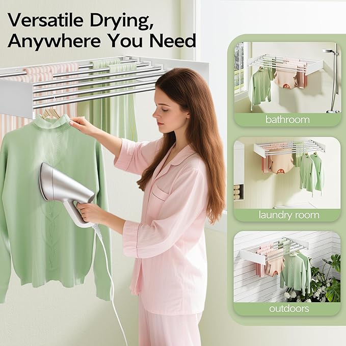 Wall Mounted Clothes Drying Rack 40 inches, Foldable Wall Mount Laundry Rack Folding Indoor, Drying Rack Clothing Collapsible, Hidden Space Saver with Wall Template, 6 Rods, White