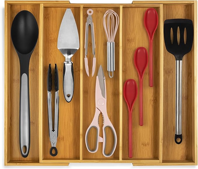 Purawood Kitchen Drawer Organizer - Expandable Utensil Drawer Organizer for Kitchen, Cutlery Tray & Silverware Organizer, 3-5 Slots - Bamboo Organizer for Utensils & Flatware (Grey)
