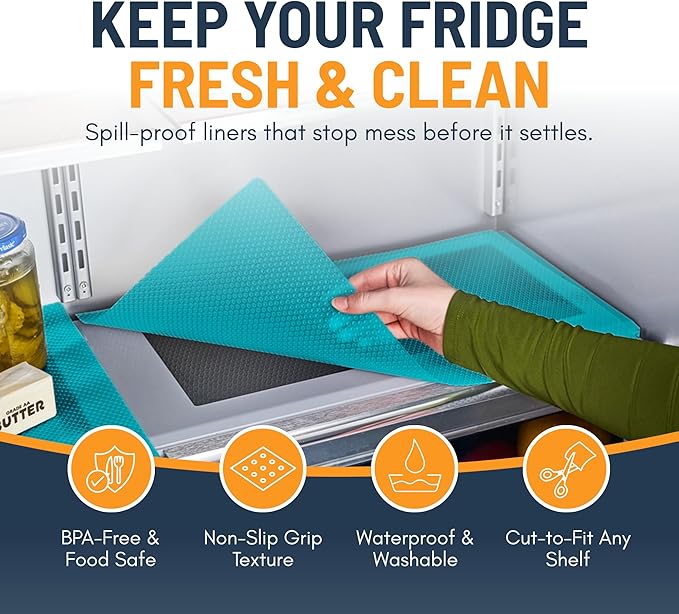 Refrigerator Liners for Shelves (8 Pack) by Linda’s Essentials - Non-Adhesive Shelf or Drawer Liner, BPA-Free Fridge Mats for Kitchen & Cabinets, Easy to Clean, Ideal Household Essentials (Blue)