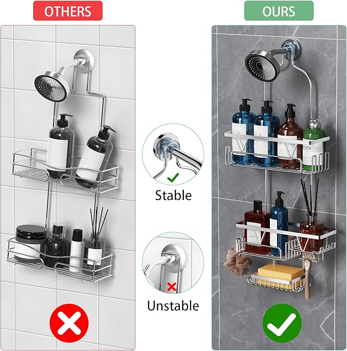Shower Caddy Hanging - Over the Shower Head Caddy with 2 Baskets, Soap Holder & Razor Holder, Non-Slip Rubber Pads, U-Shaped Hooks and Adhesive Pads for Bathroom Organization - Silver