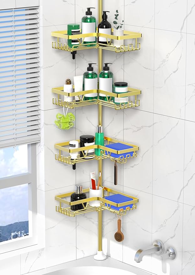 Shower Caddy Tension Pole - Gold Corner Shower Caddy Stainless Steel Bathroom Shower Organizer for Tub Tension Rod Corner Shower Shelves(22-114.2inch)