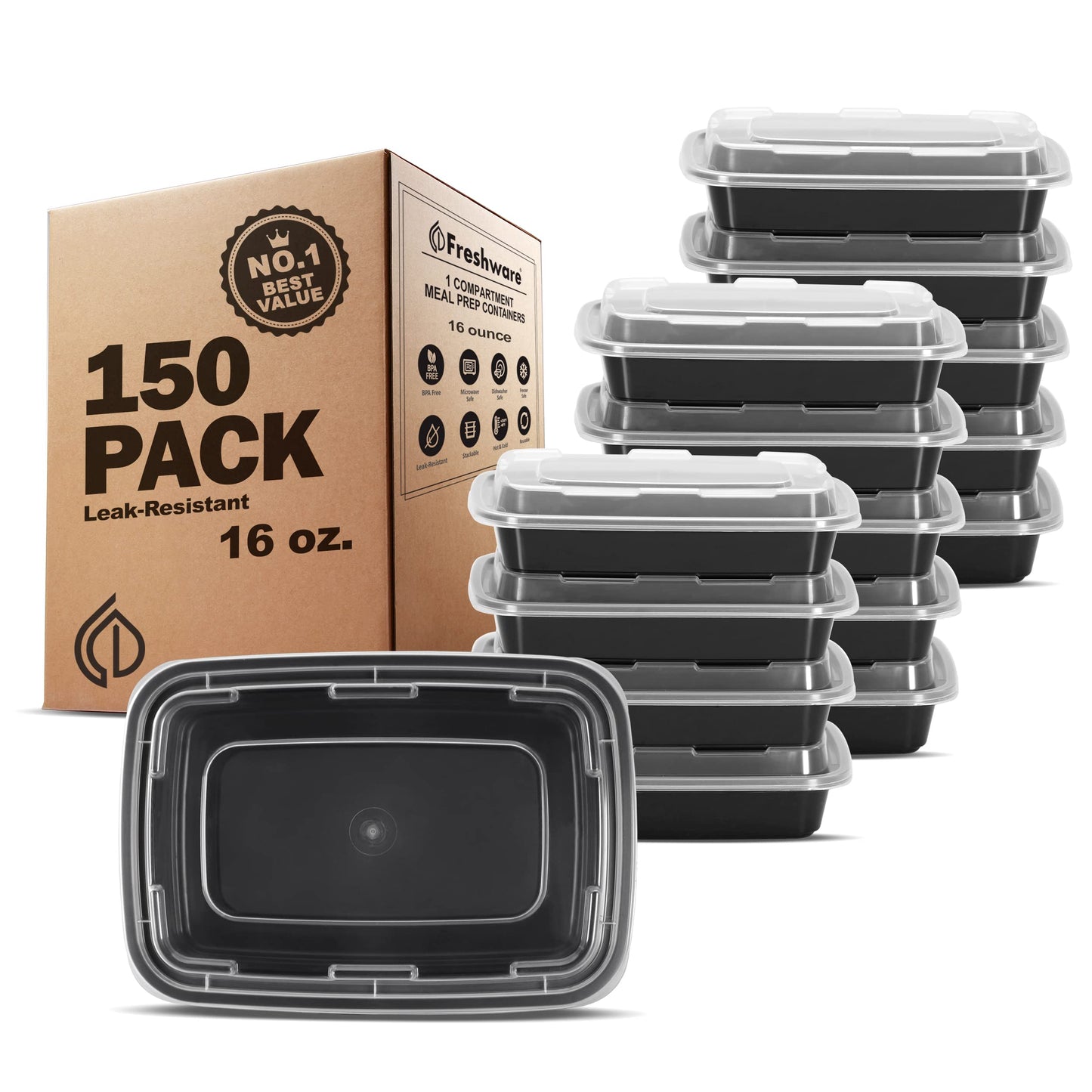Freshware Meal Prep Containers [50 Pack] 1 Compartment Food Storage Containers with Lids, Bento Box, BPA Free, Stackable, Microwave/Dishwasher/Freezer Safe (16 oz)